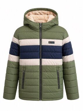 HFX Outdoors Green Navy Beige Striped Puffer Jacket W/ Hood Faux Fur Lining XL